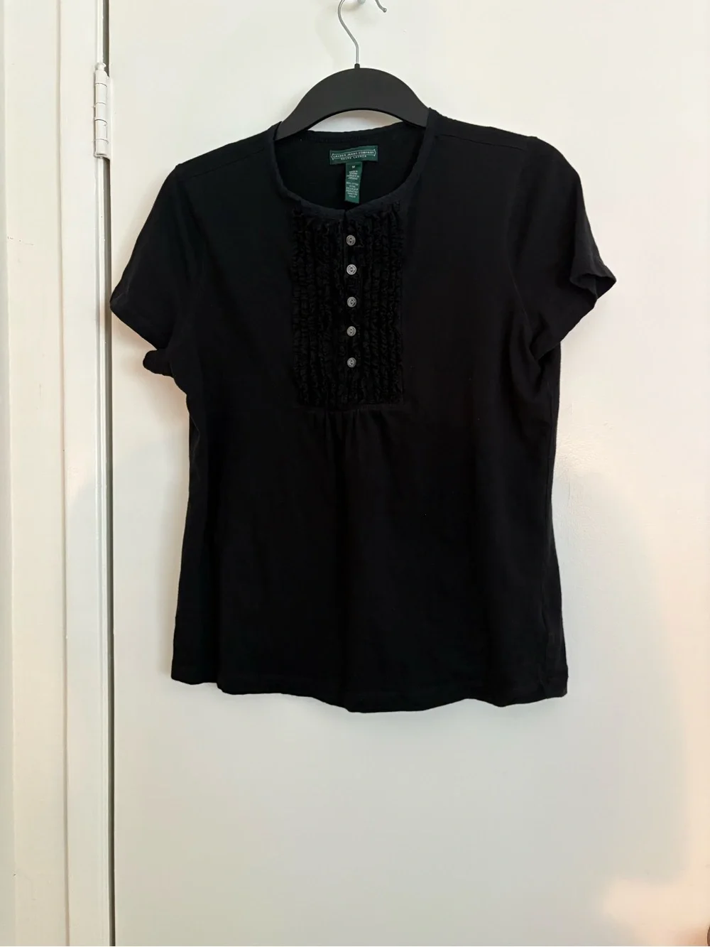 Vintage Lauren Ralph Lauren Black Short-Sleeve Ruffle-Pleat Button Top
