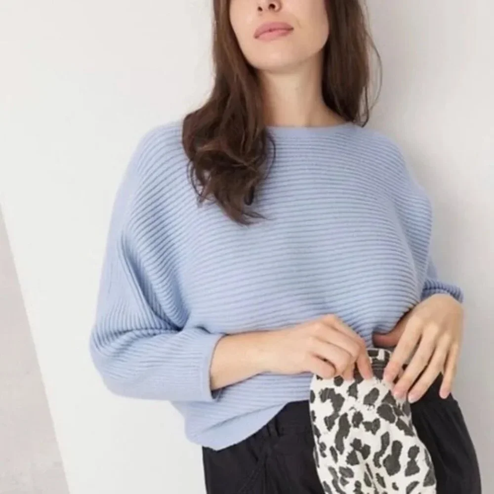 Anthropologie Kendall Cropped Ribbed Knit Boatneck Pullover Blue Women's Size 2X