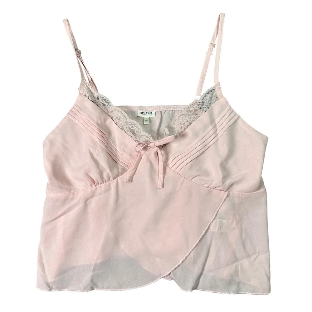 Selfie Y2K Ballerina Lace Trim Camisole Bow Pintuck Chiffon‎ Top Coquette Pink L
