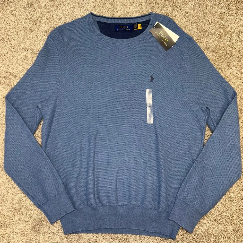 NWT Polo Ralph‎ Lauren Textured Cotton Long Sleeve Pullover Men LARGE Blue Htr