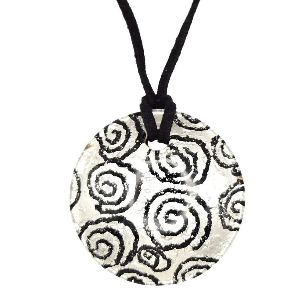 Round Dichroic Glass Pendant Necklace Black Swirls Suede Cord Adjustable Closure