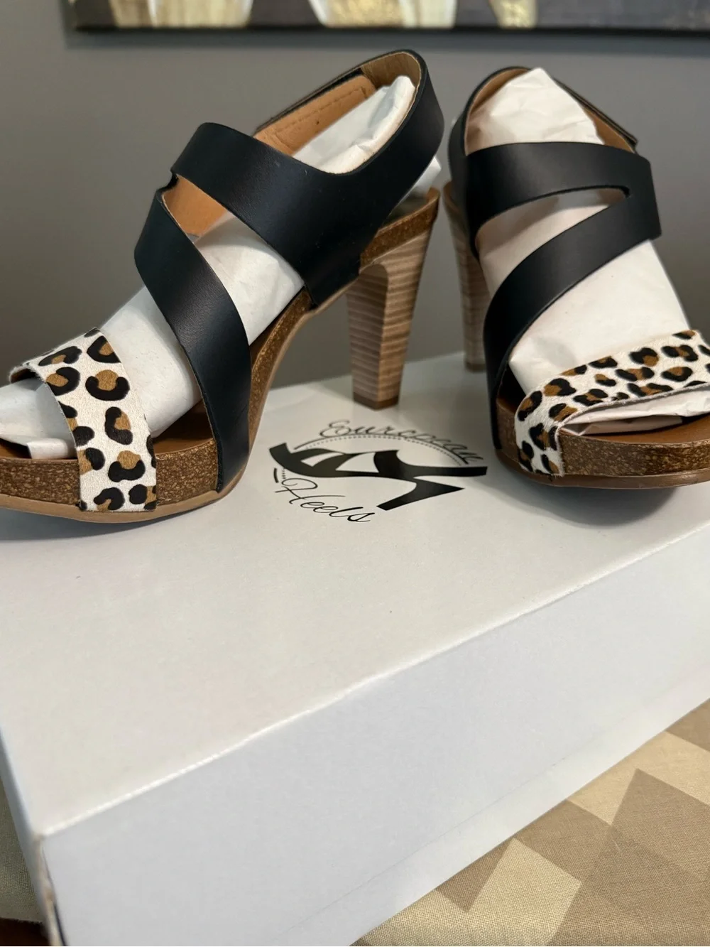 Black & Leopard Peep-Toe High Heel Sandals