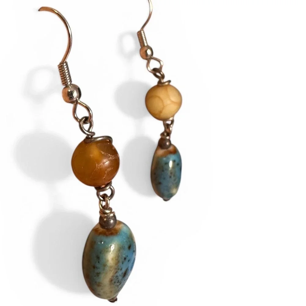 Unbranded Drop Earrings Womens OS Teal Amber Good‎ Ceramic Stone Boho Artisanal