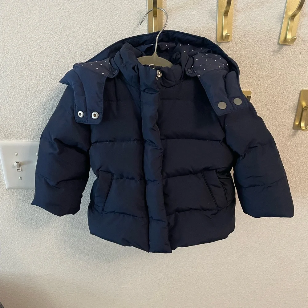 Baby Gap Toddler 12-18 Months Navy Blue Puffer Coat With Polka Dot Lined Hood