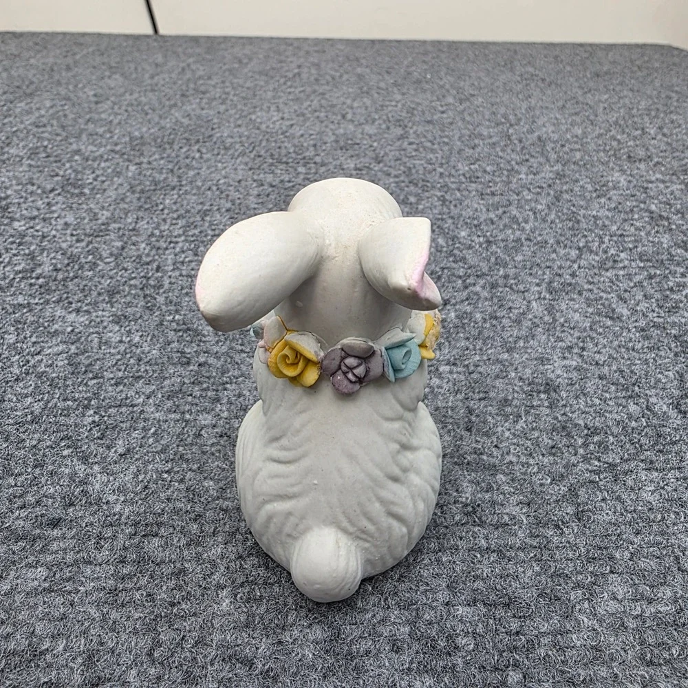 Vintage GOT Ceramic White Rabbit Figurine Flower Garland Collar‎ Easter Decor 4
