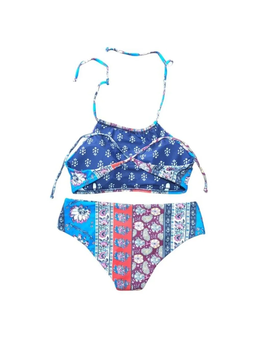 Boho High Neck Bikini Set Womens Medium Floral Paisley Print Swimwear Stretch.