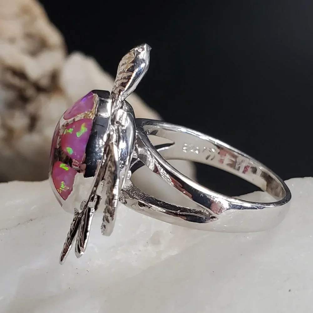 Solid Sterling Silver 925 Ring Opal Stone Turtle Animal Unique Jewelry