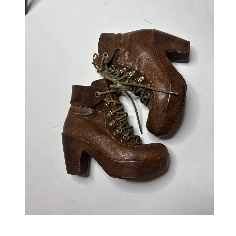 Kork-Ease Brown Leather Lace Up Chunky Platform Block Heel Boots Womens 7.5 M/W