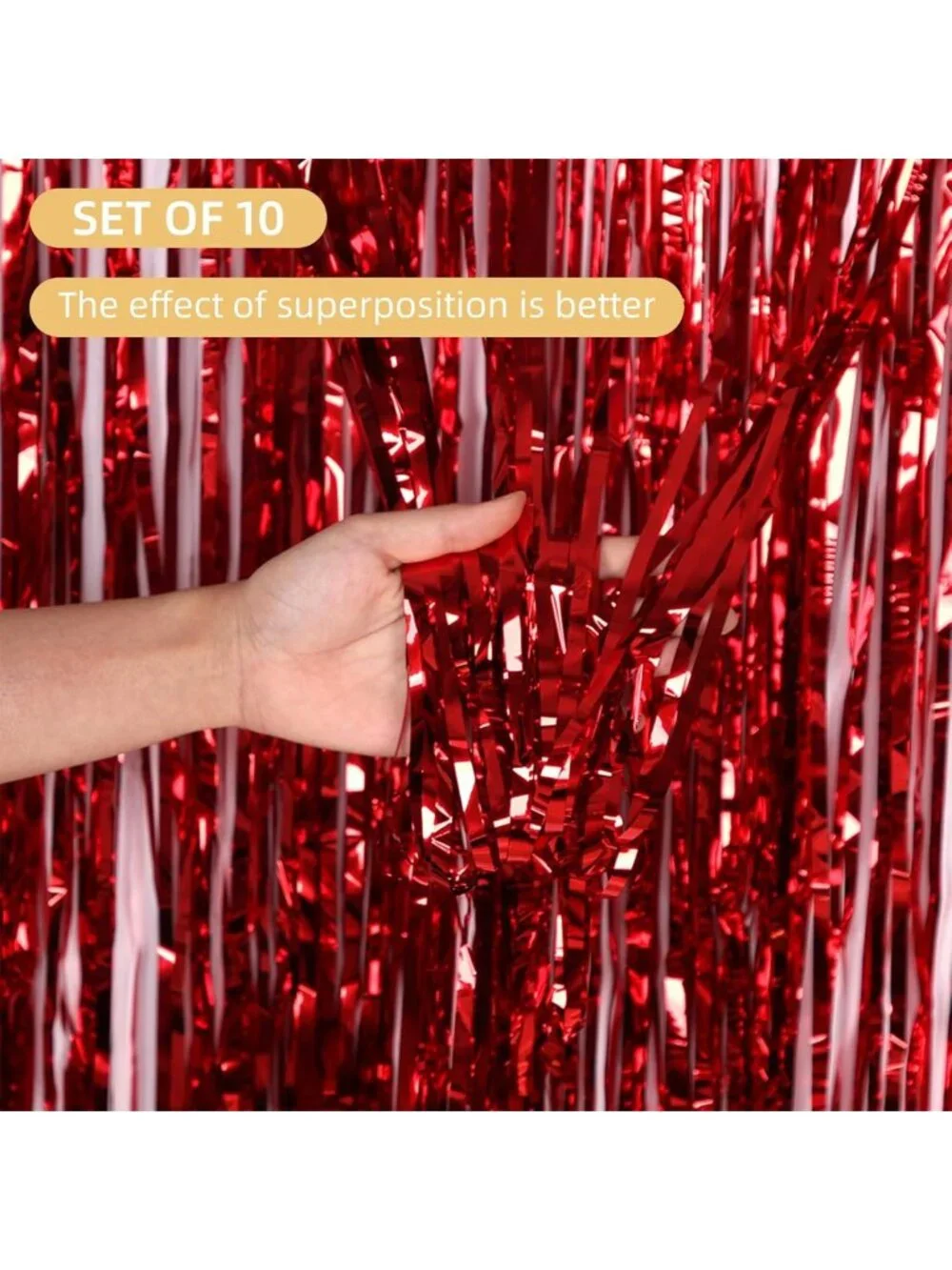 10 Pack Red Foil Fringe Curtains 3.2ft x 9.8ft for Photo Booth & Party Decor
