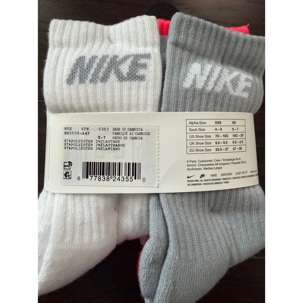 Nike Kids Crew Cushioned Socks 12 Pair Pack White Grey Pink XS 5-7 BN0509-A4F