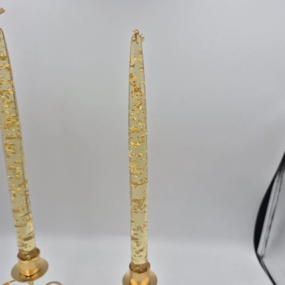 Lucite Candles clear Gold Flecks & Lycenta Gold Tone Holders Vintage