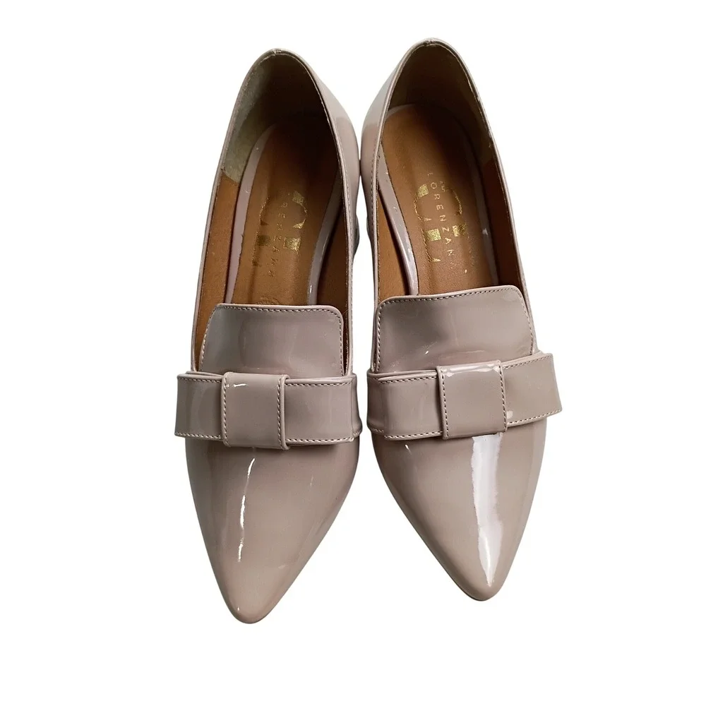 Patent Pointed-Toe Bow Loafers in Taupe - Women Shoes Heels