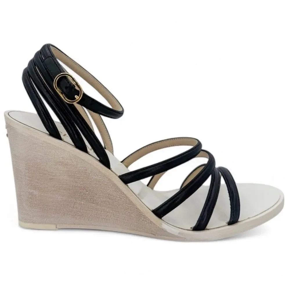 CHANEL Black & Eggshell CC Logo Wedge Heel Sandals IT38.5