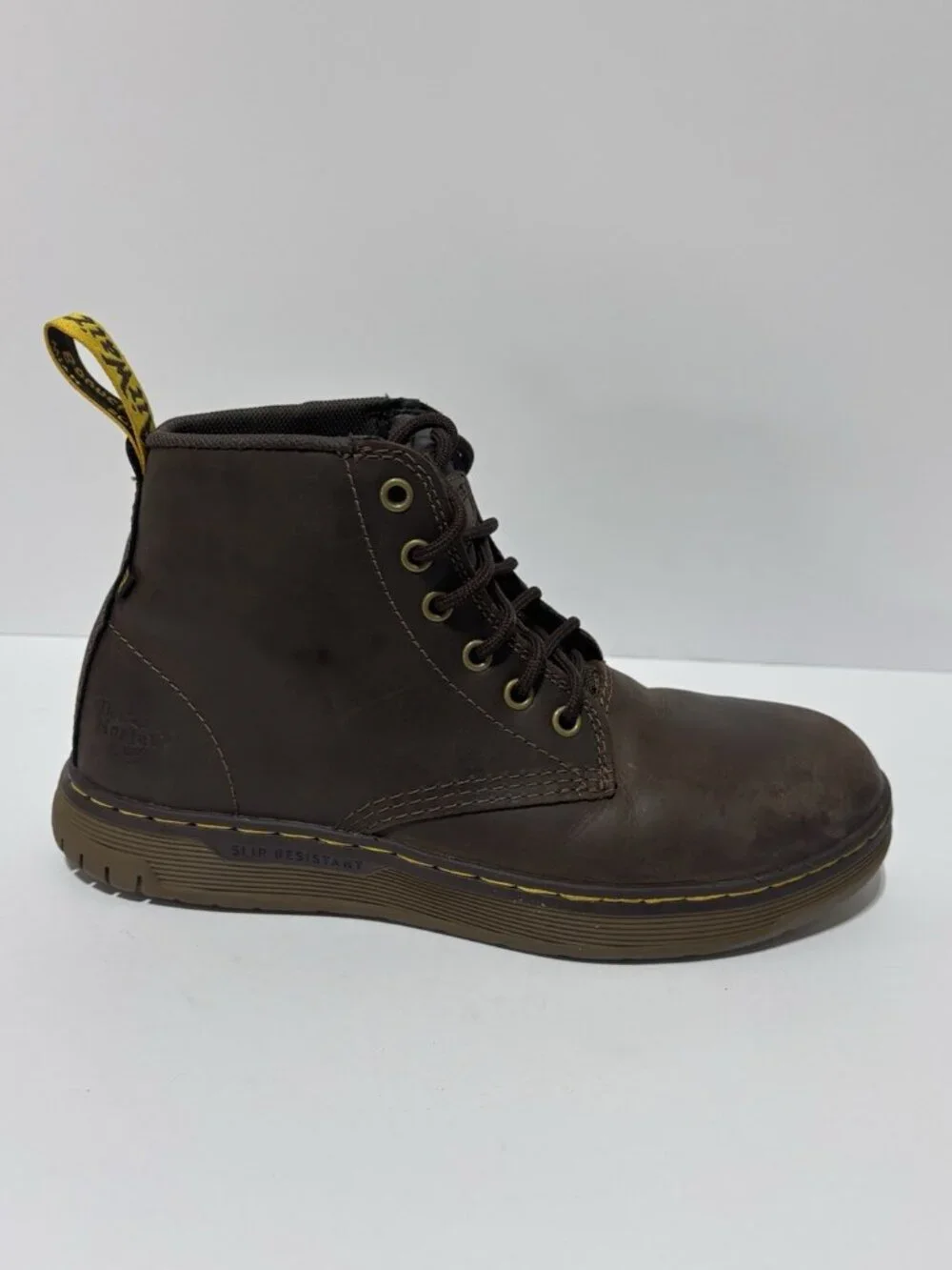 Dr. Martens Women’s Ledger Brown Leather Alloy Toe Boots, Size 9 M