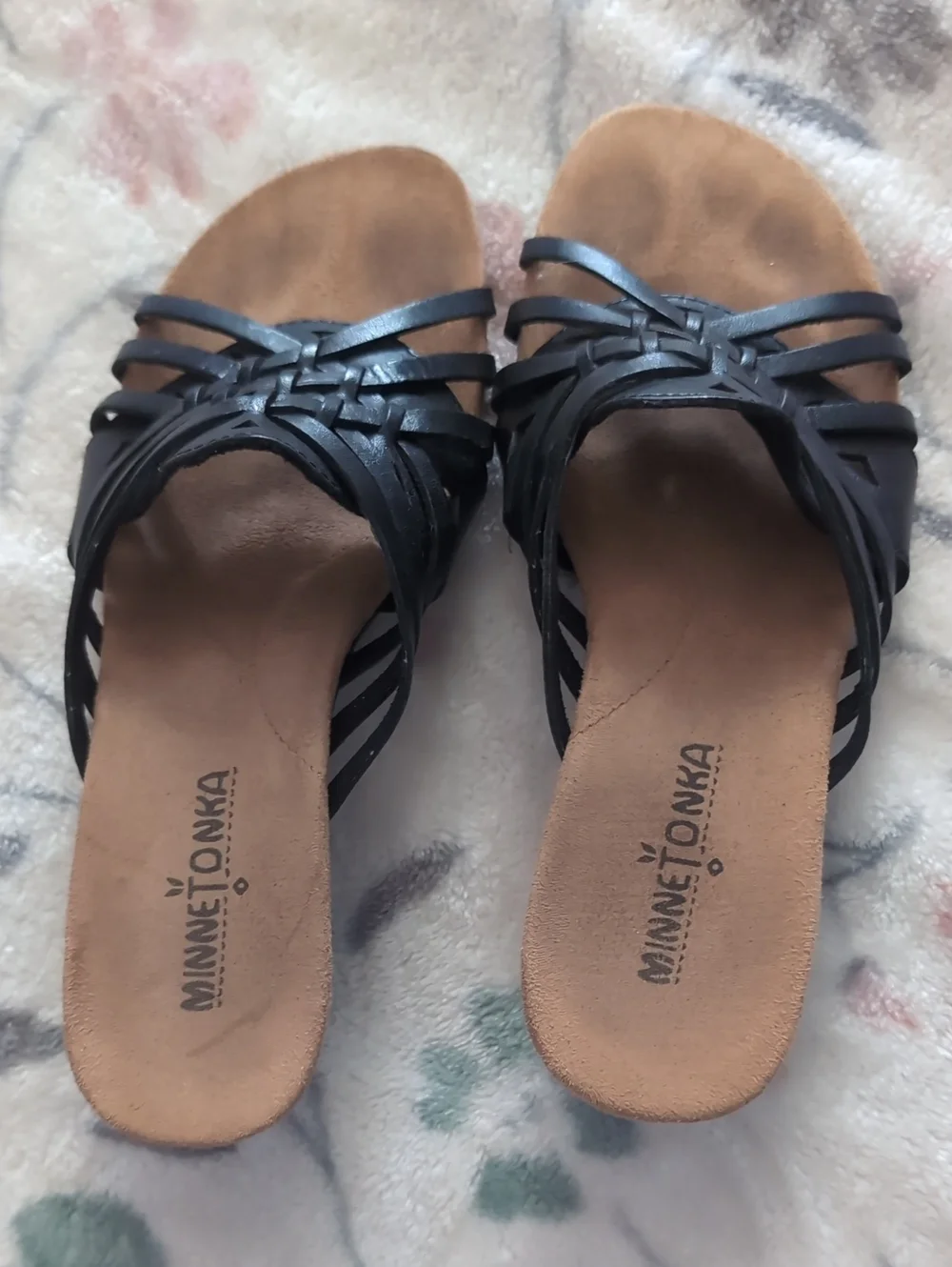 Minnetonka Black Woven Leather Wedges