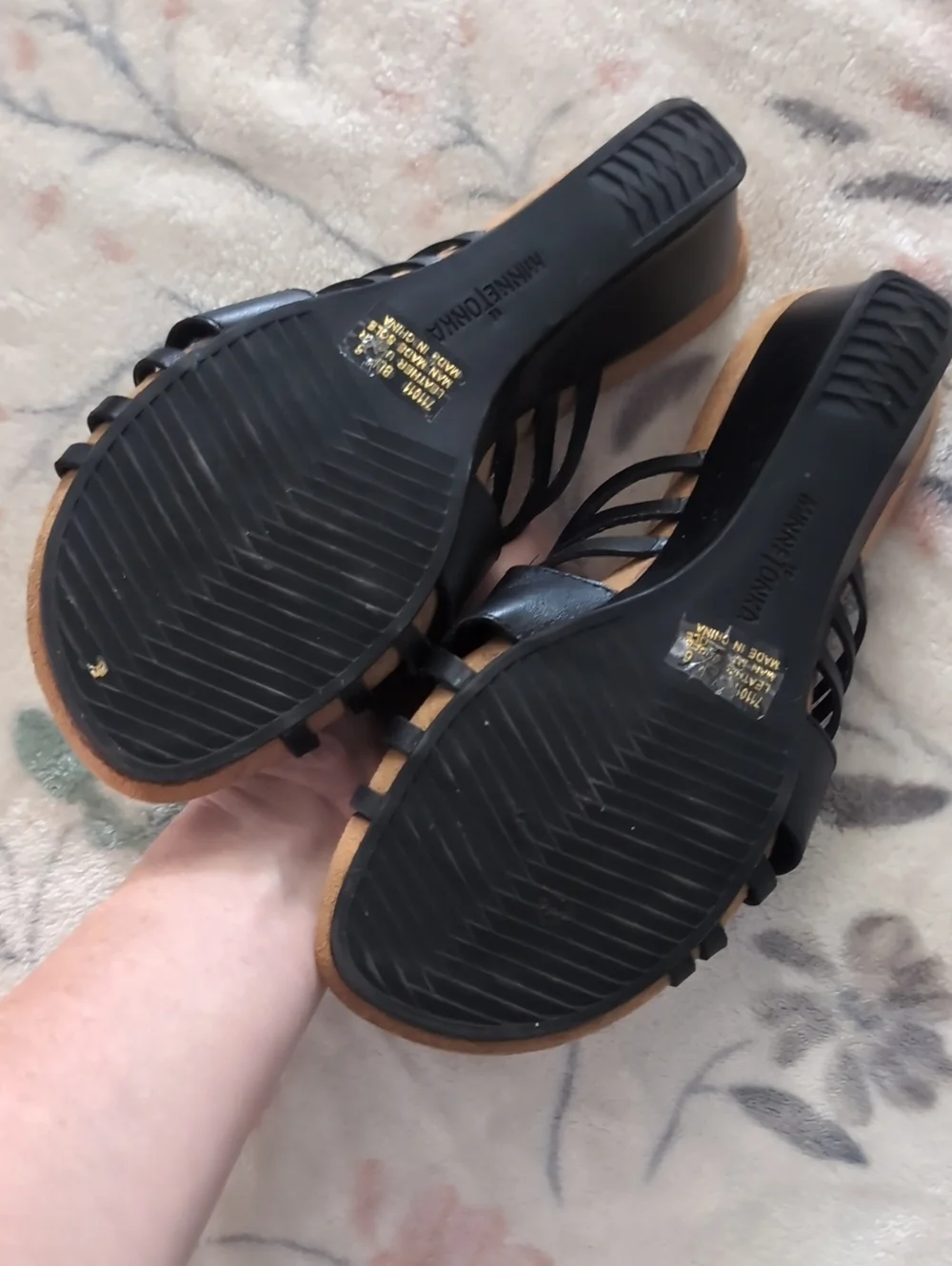 Minnetonka Black Woven Leather Wedges
