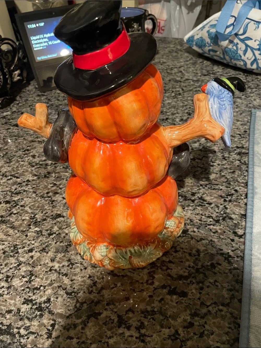 Stacked Orange Pumpkin Figurine with Black Hat and Red Bow