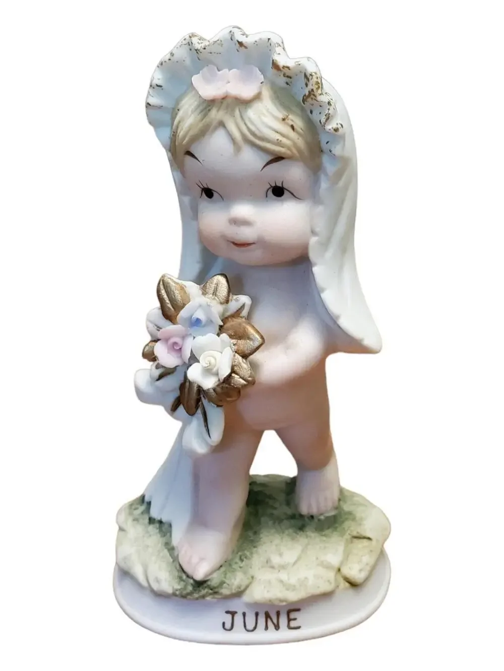 Lefton birthday month angel, June bride, Vintage girl figurine, tagged, kw331