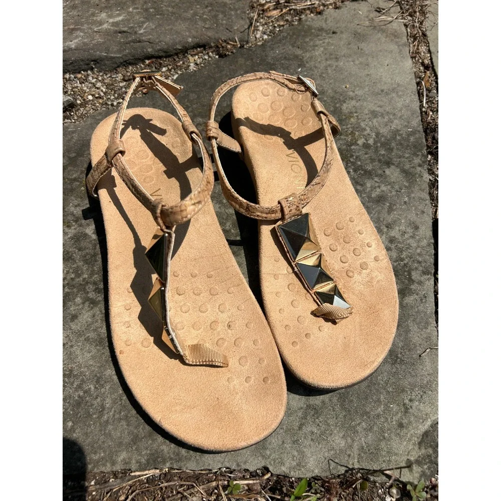 Vionic Monala Cork Studded Slingback Sandals Tan Gold Pyramid Thong Womens 7