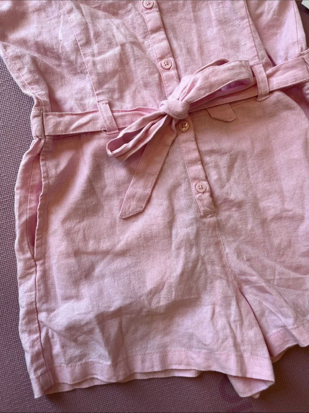 Old Navy Light Pink Linen-Blend Girls Romper with Tie Belt