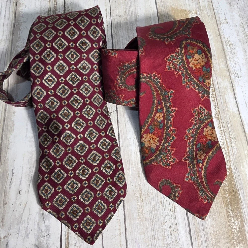 Harve Benard Pure Silk Necktie Lot 2 Burgundy Red Paisley Geometric Medallion