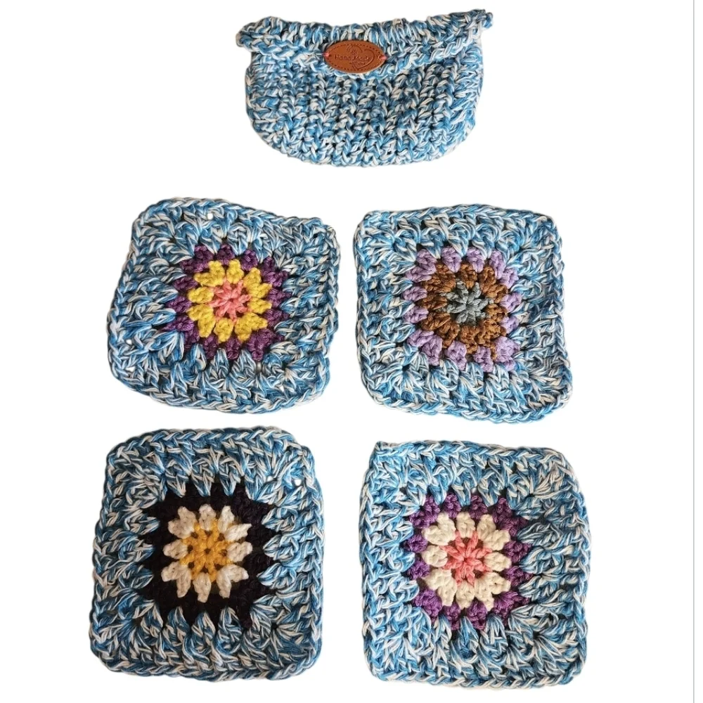 Handmade Turquoise Marl Crochet Granny Square 4-pc Coasters Set 100% Cotton