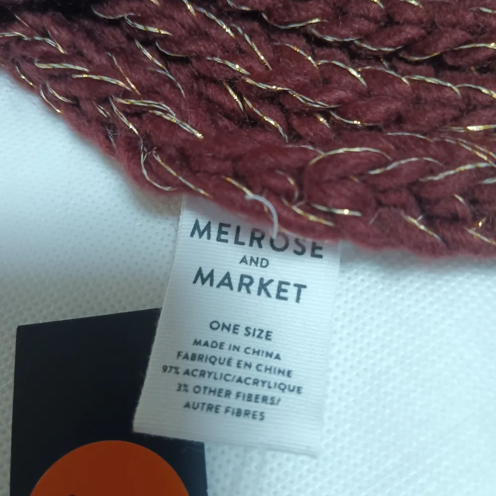 Melrose and Market  Knit Scarf with Fringe In Burgundy And Gold Metallic
