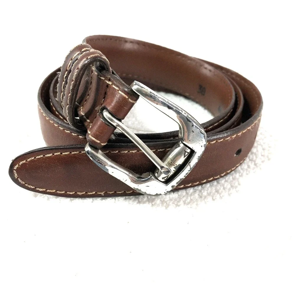 Johnston & Murphy belt mens 36-38 brown leather cowhide dress work stitching USA