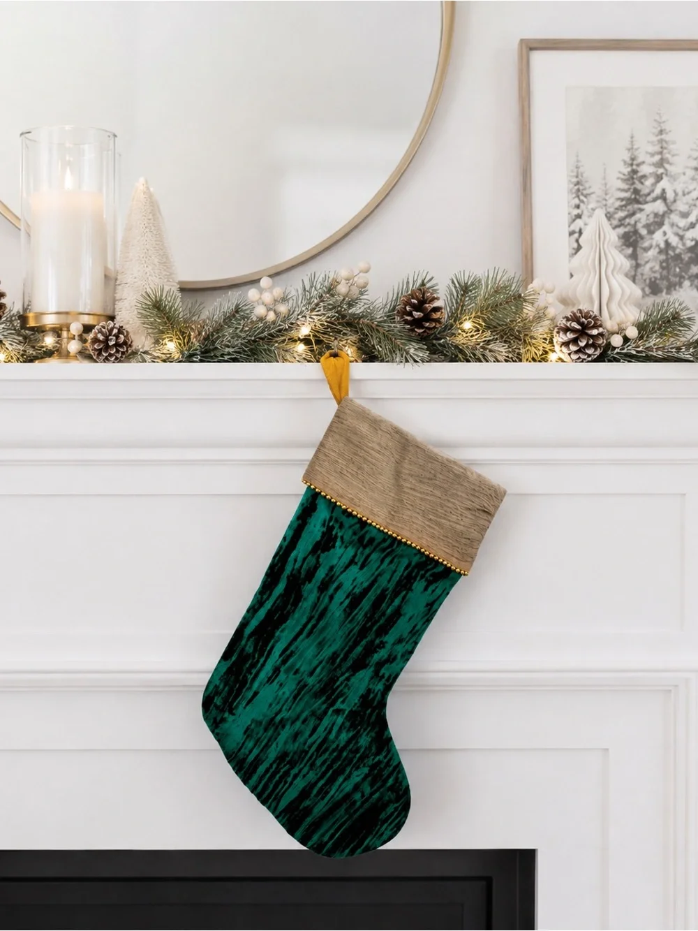 Crushed Velvet Christmas Stocking Green Gold Metallic Cuff Holiday Decor New