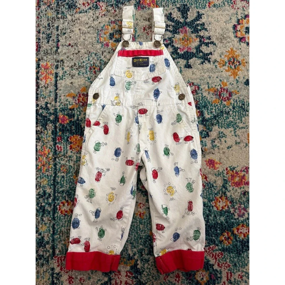 Vintage‎ OshKosh B'Gosh Vestbak Overalls Funny Fingerprint All Over Print Sz 2T