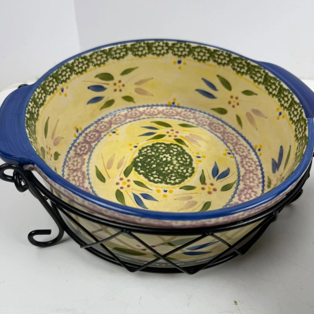 Temp-tations Old World Blue Ceramic Round Baker Set 1QT 2QT with Wire Racks