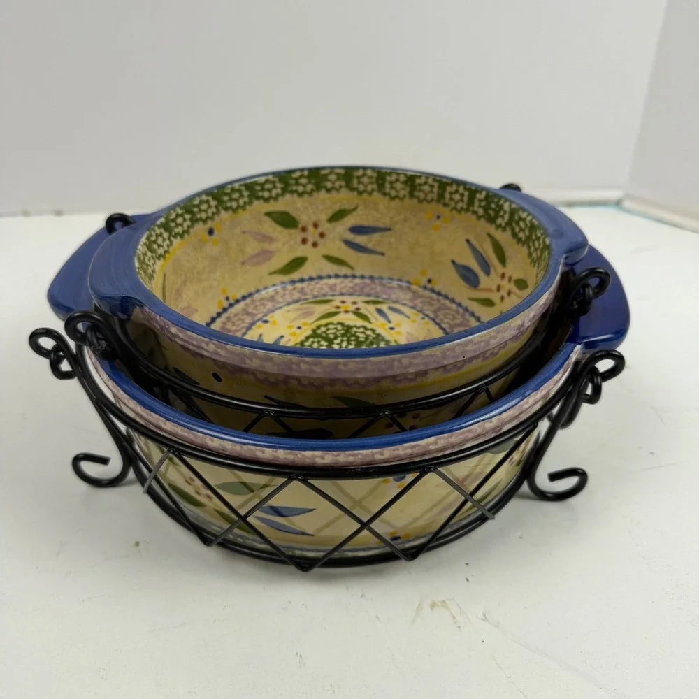 Temp-tations Old World Blue Ceramic Round Baker Set 1QT 2QT with Wire Racks