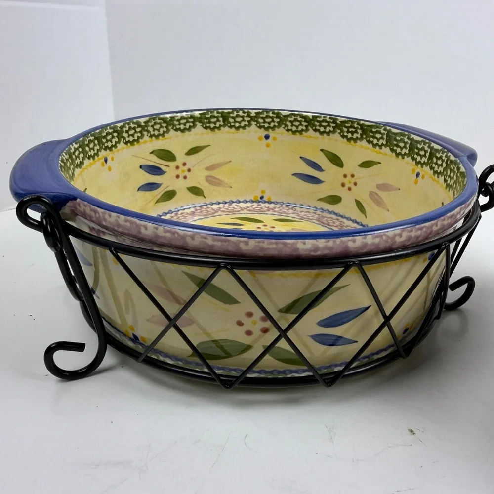 Temp-tations Old World Blue Ceramic Round Baker Set 1QT 2QT with Wire Racks