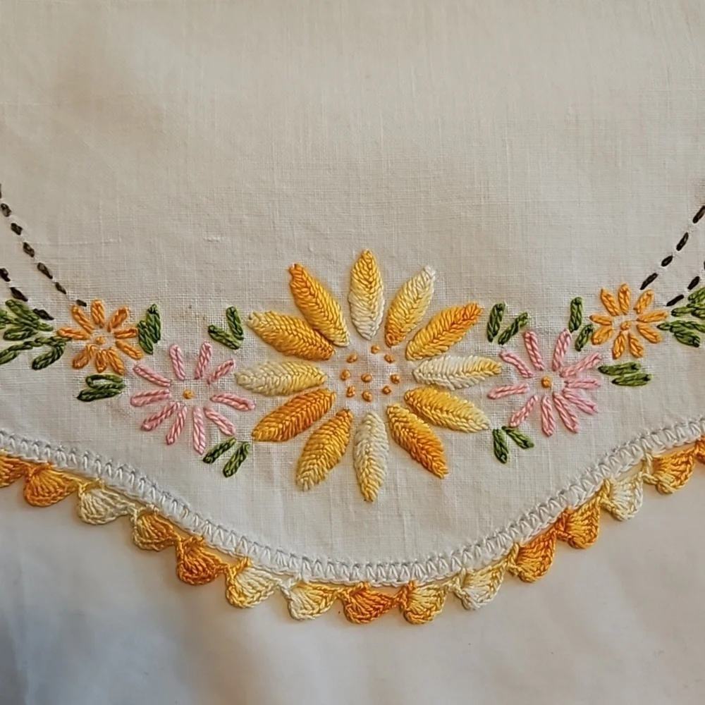 Hand Crafted Needlepoint Doily Circular Set-5 Botanical yellow floral farmhouse
