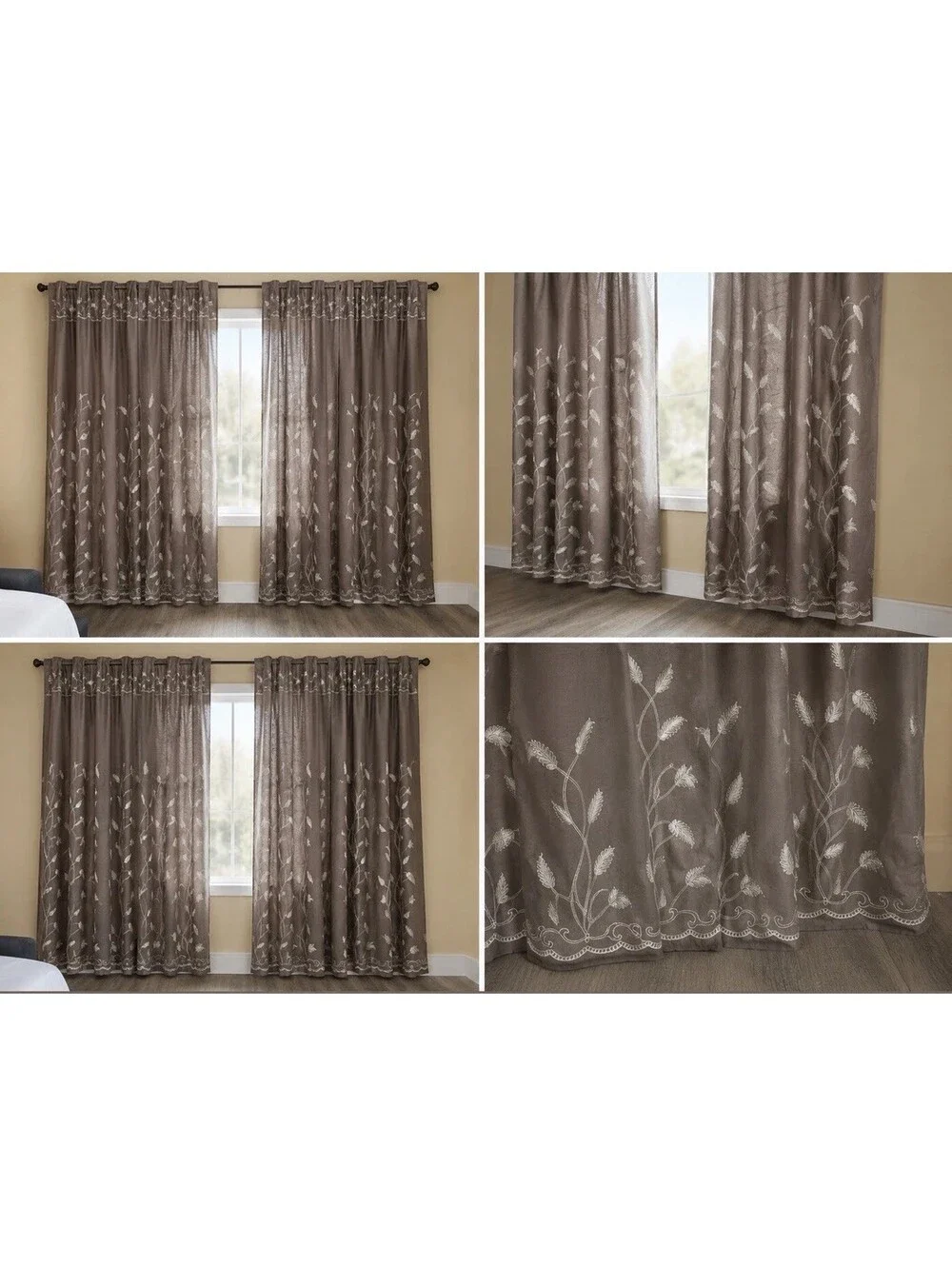Gray Embroidered Flower 4 Pack Window Panels Curtain Set 52