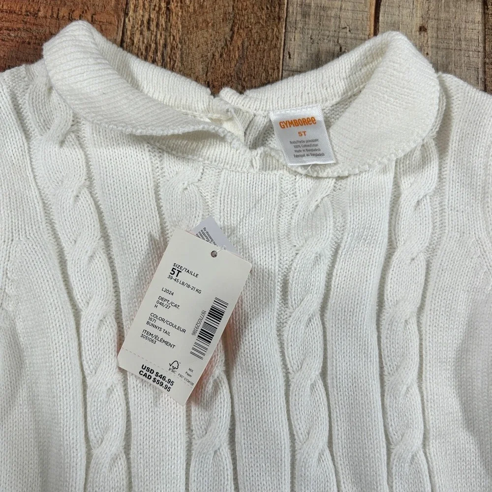 Gymboree Cable Knit Sweater Dress White Peter Pan Collar Bow 5T NWT New