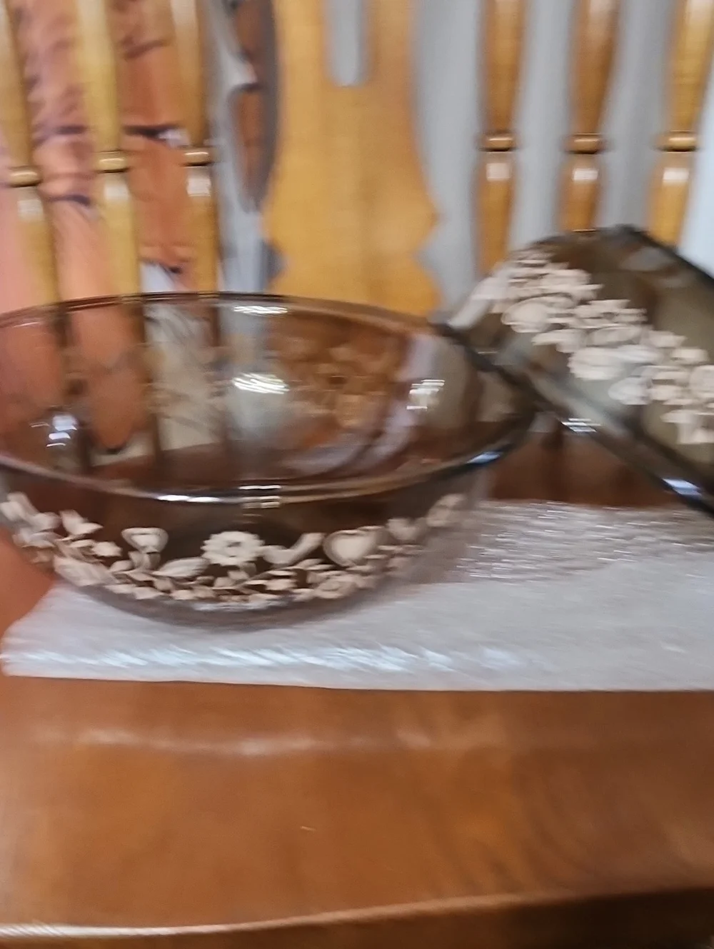 Vintage Amber Glass Mixing Bowl 2pc Set with  Floral Pattern
