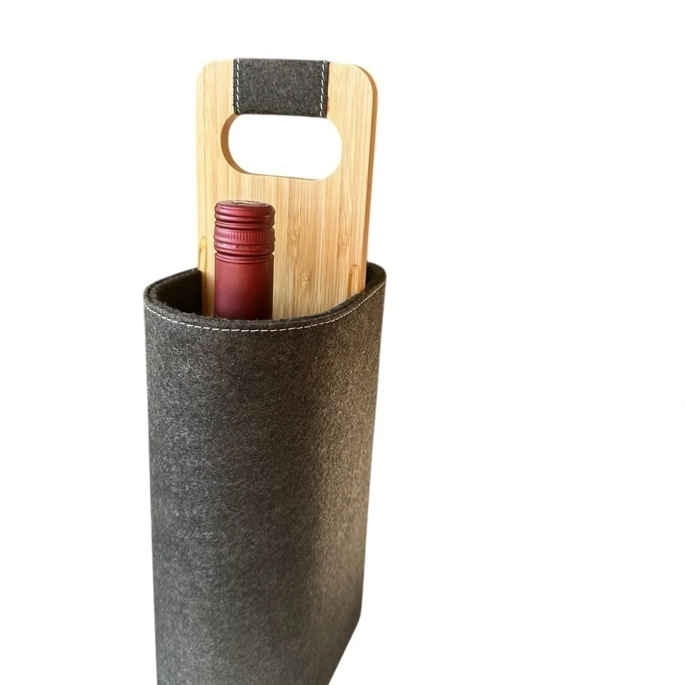 Gray Suede Wine Holder with Wooden Handle