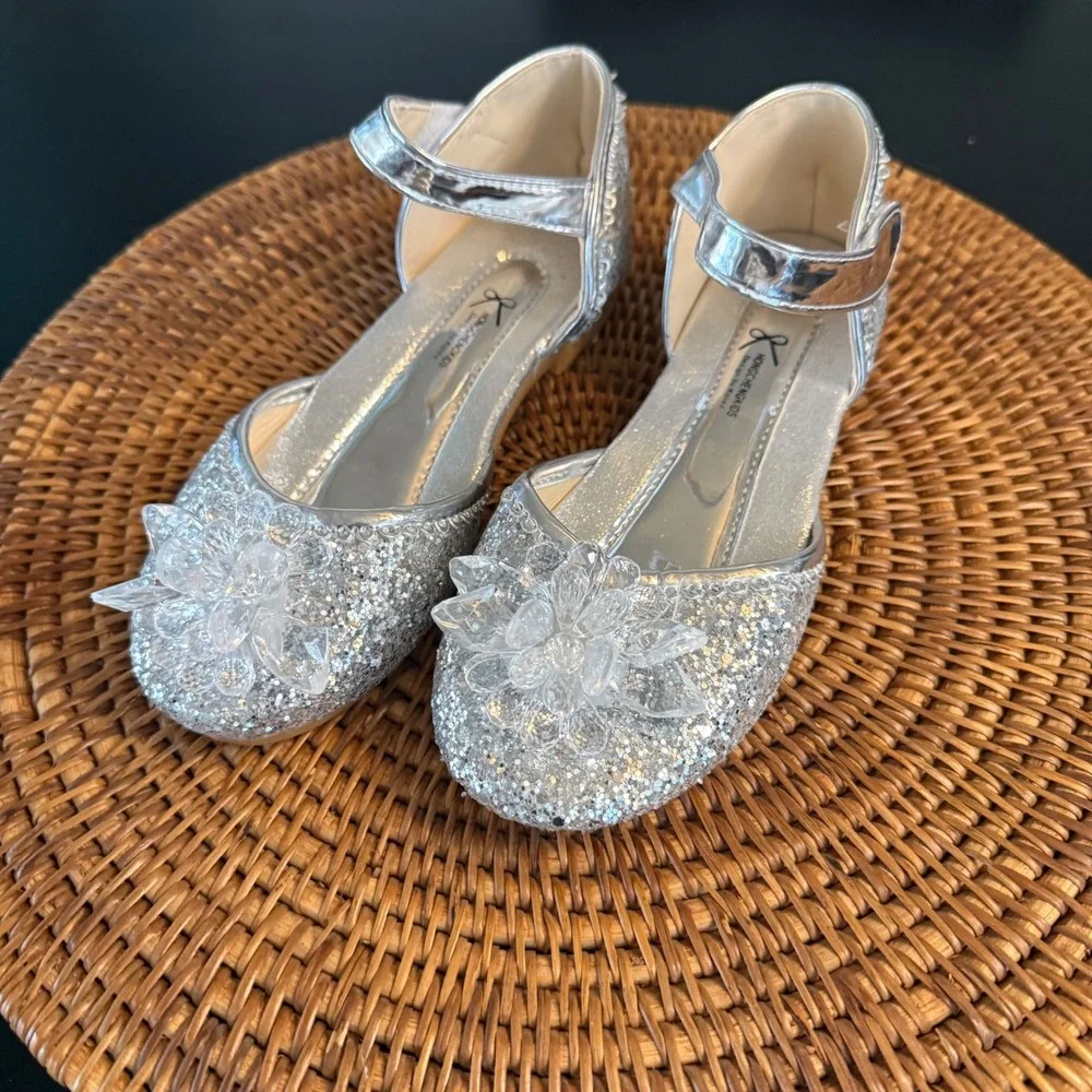 Hongchenkids Silver‎ Glitter princess Crystal Dress Shoes Girls Low Heel Size 34