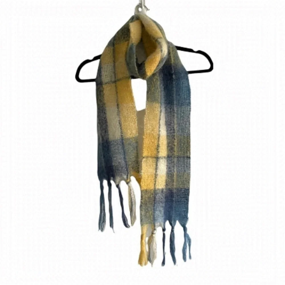 ST ALBANS Australia Pure Mohair Wool Plaid Winter Scarf Yellow Blue Cream
