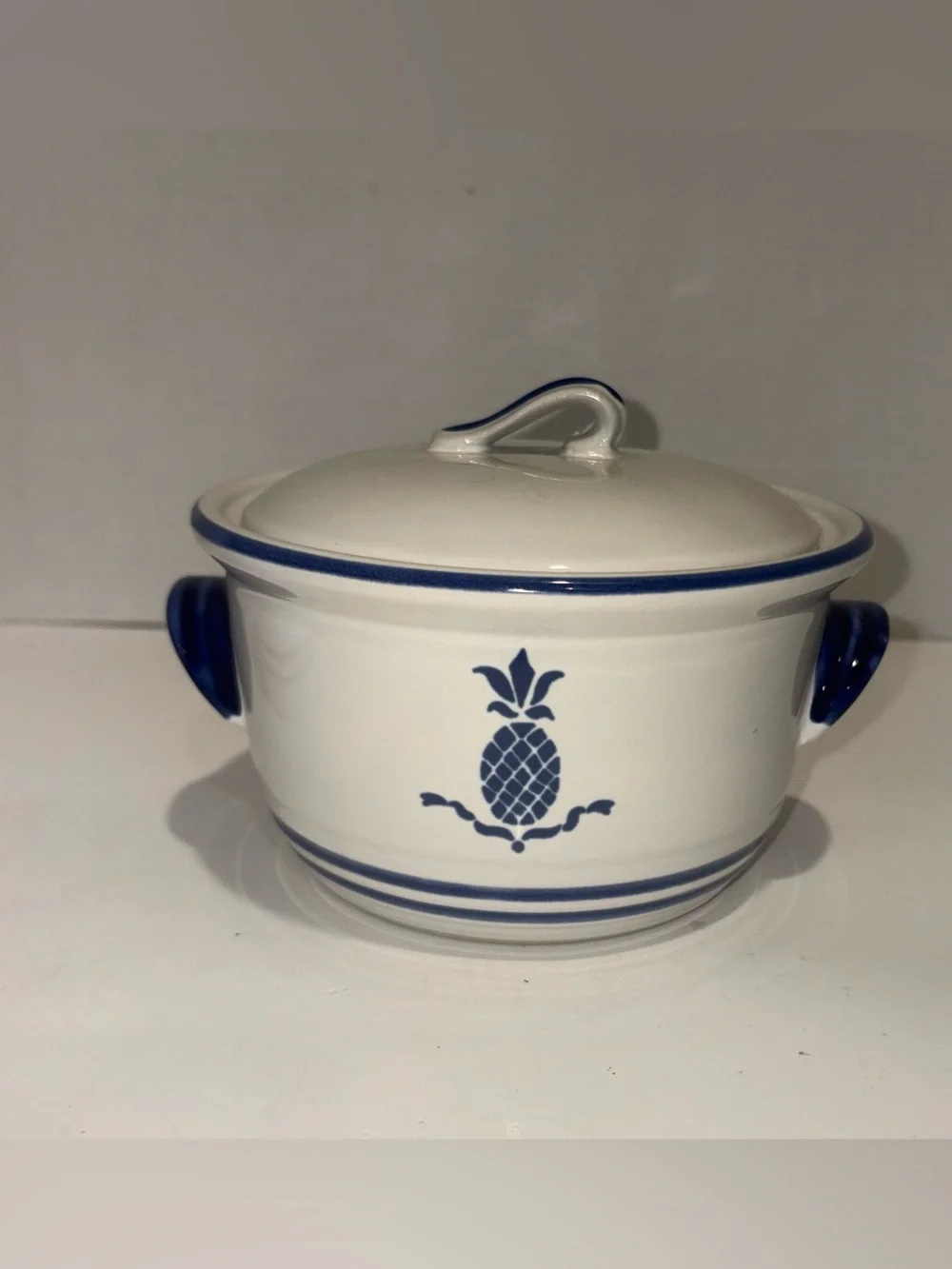 White and Blue Ceramic Covered Casserole with Pineapple Motif