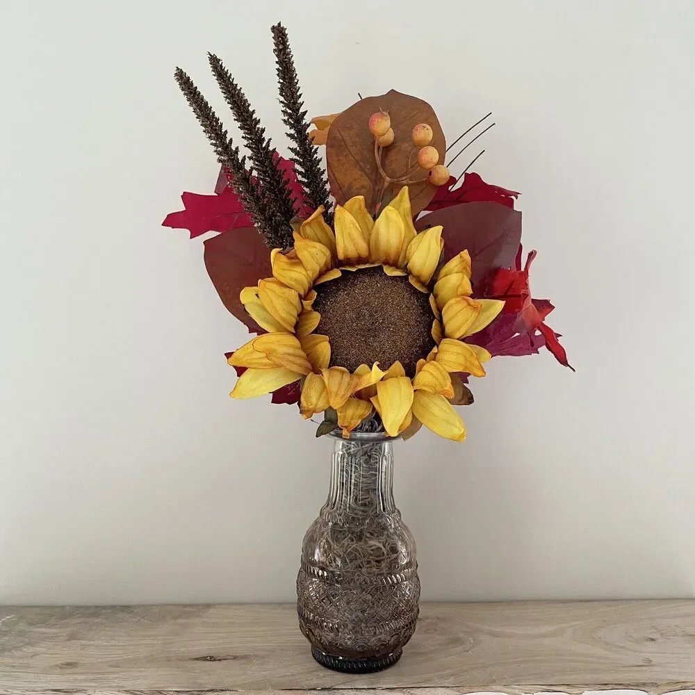 Handmade Artificial Sunflower & Fall Leaves Arrangement in Amber Glass Vase