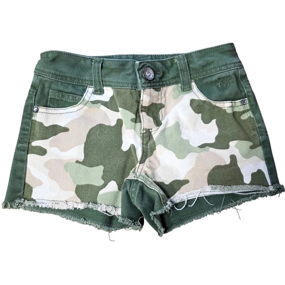 Justice Girls Green Camo Denim Shorts Rhinestone Embellished Raw‎ Hem 7 2013