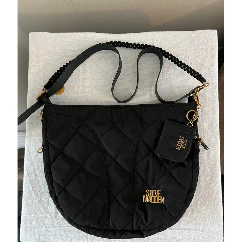 Steve Madden Black Quilted Nylon Crossbody Hobo Bag
