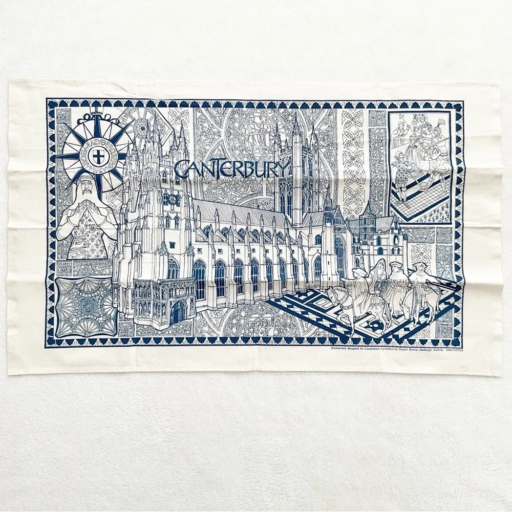 Vintage Canterbury Cathedral Tea Towel Stuart Morris Cotton Blue