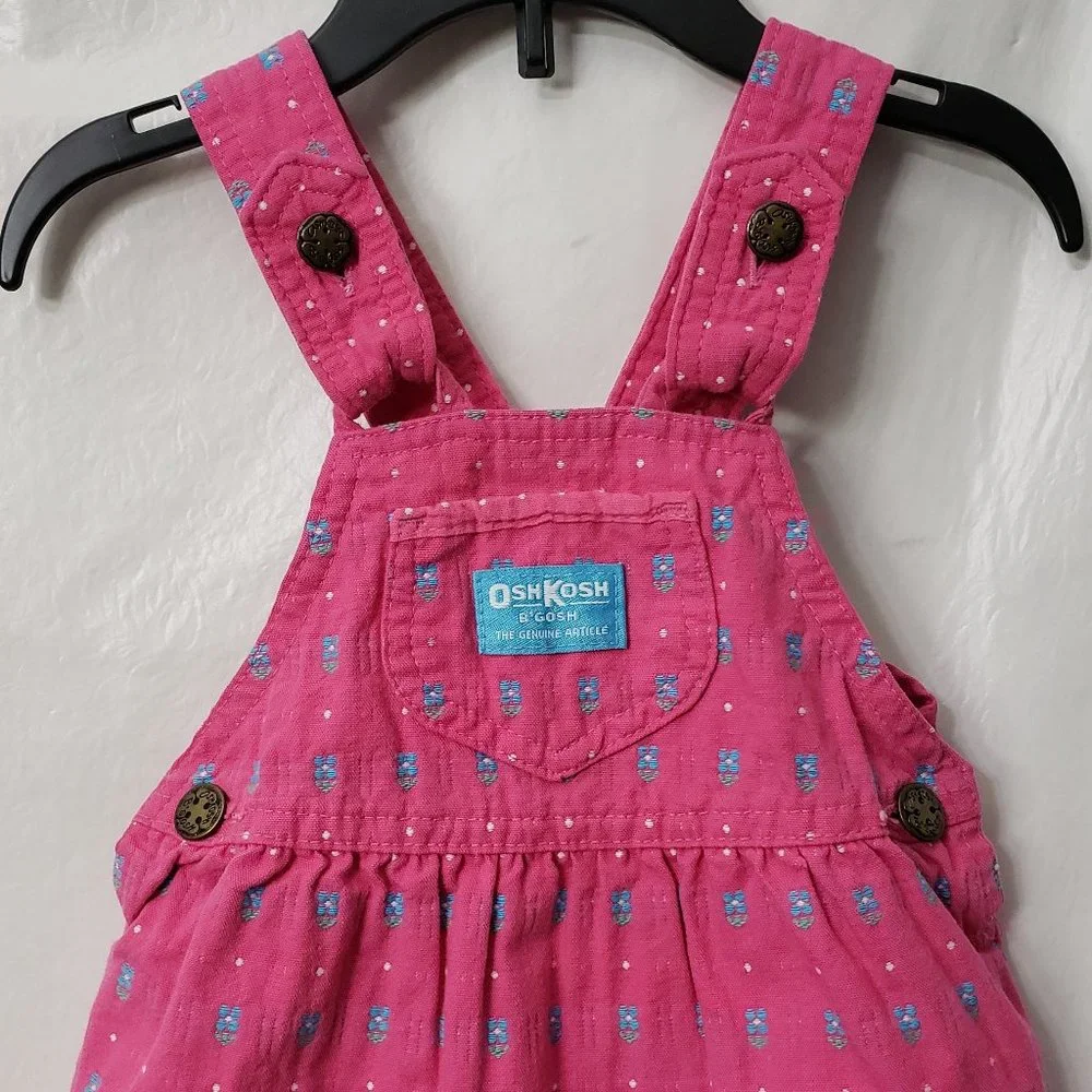 Vintage OshKosh Vestbak Overall Dress 18 month PINK Denim Flower Bow USA 80s