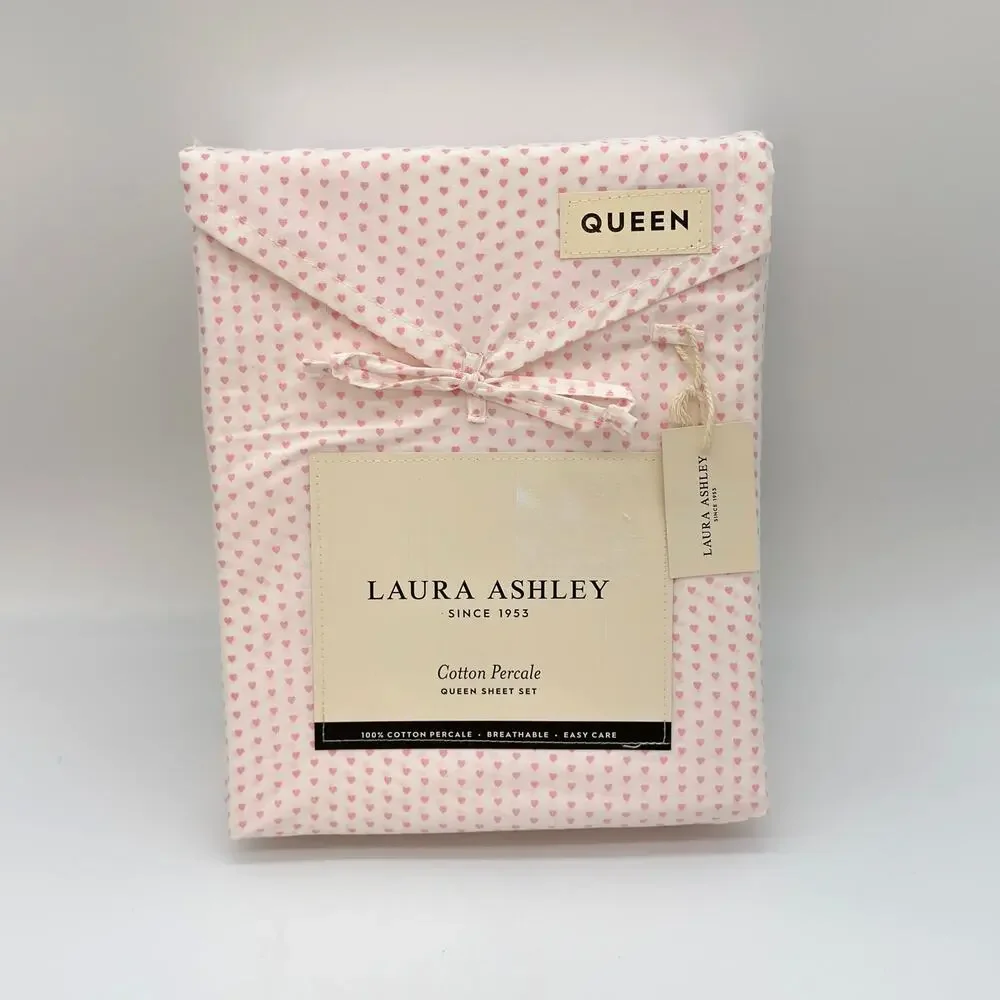 Laura Ashley QUEEN Heart To Heart Pink 4pc Cotton Sheet Set NEW