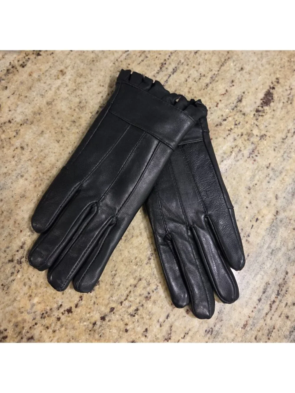 New! Women's Size S Black Leather Fleece Lined Gloves Ruffle Edge
