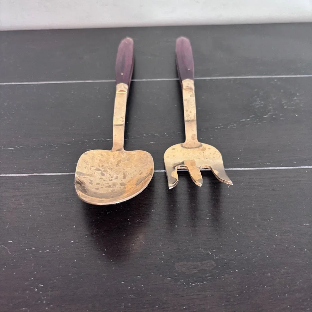 Vintage Brass‎ and Rosewood Salad Serving Set | Spoon and Fork | MCM