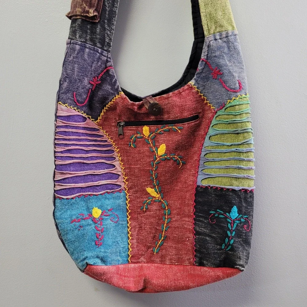 Kc Quilted Boho Patchwork Embroidered Hippie Crossbody Hobo‎ Bag Multicolor